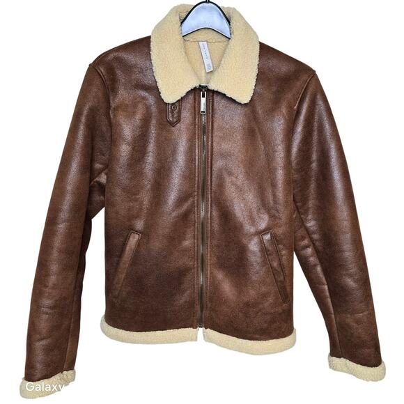 Zara Man Brown Classic Aviator Style Bomber Jacket Shearling Lining Coat Men's M - Picture 1 of 11